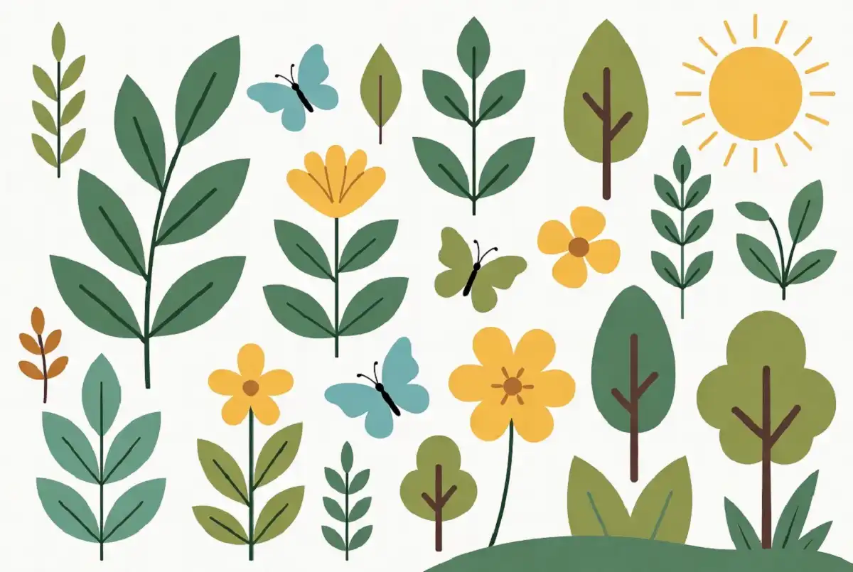 Colorful nature clipart collection with leaves, flowers, and butterflies