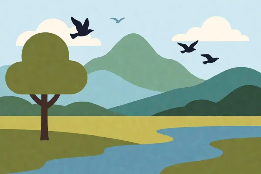 Minimal nature clipart landscape with tree, mountains, birds, and river