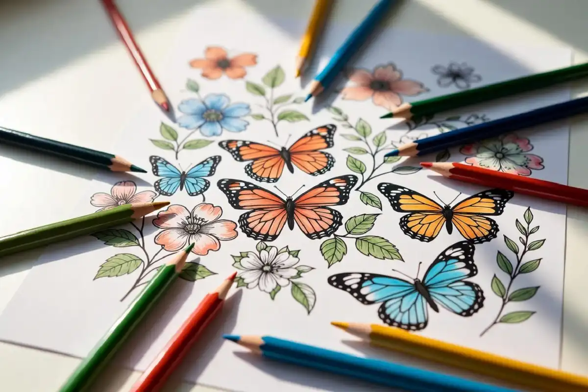 A detailed nature coloring page featuring flowers, butterflies, and leaves on white paper