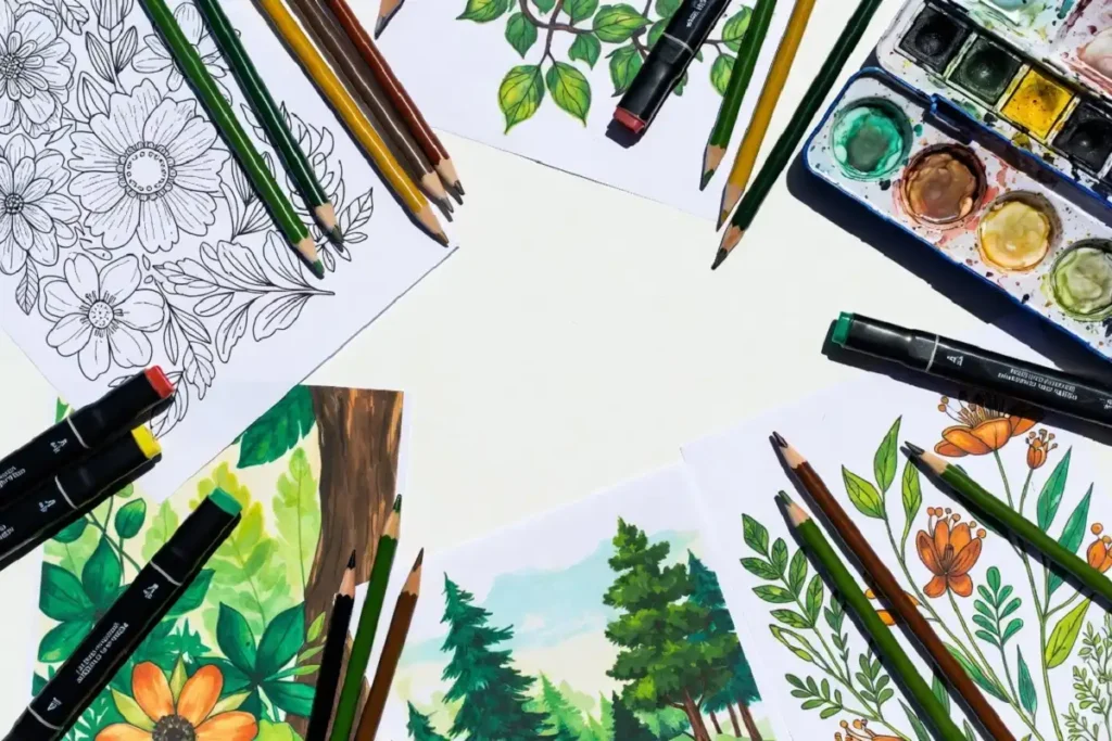 Flat lay of nature coloring pages surrounded by colored pencils, markers, and art supplies