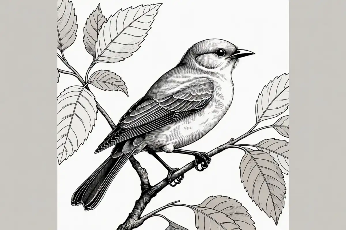 Ink nature drawings of a bird on a botanical branch