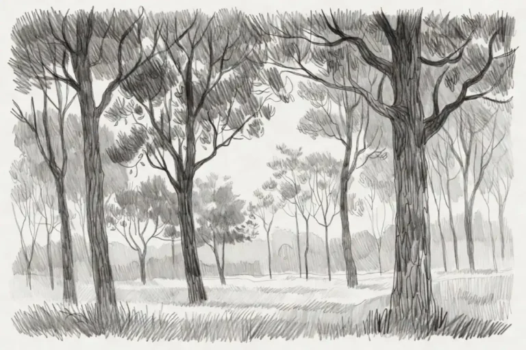 Detailed pencil nature drawings of a forest landscape