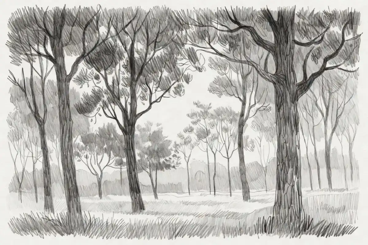 Detailed pencil nature drawings of a forest landscape