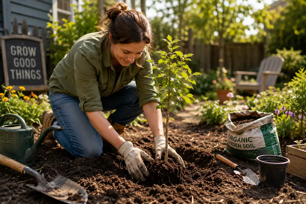 Gardener planting a young tree from an online nursery order in a backyard garden