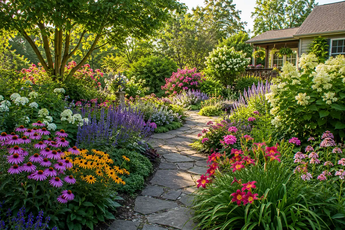 Beautiful seasonal garden with flowering plants and shrubs sourced from an online nursery
