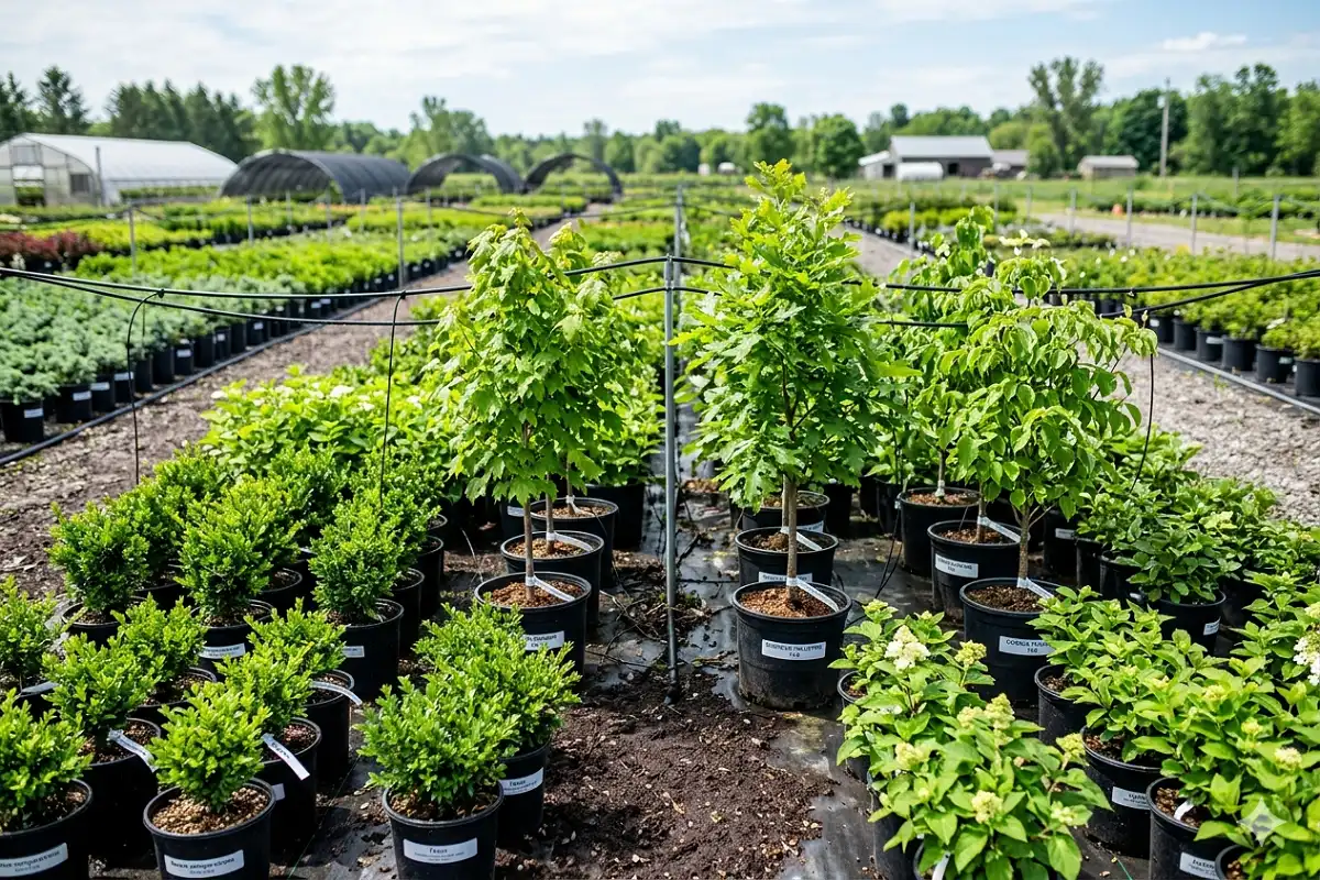 Nature Hills Nursery healthy potted trees and flowering shrubs ready for shipping