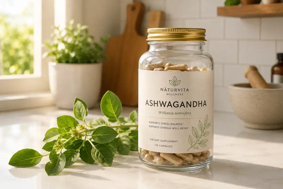Ashwagandha supplement bottle on a kitchen counter with fresh herbs