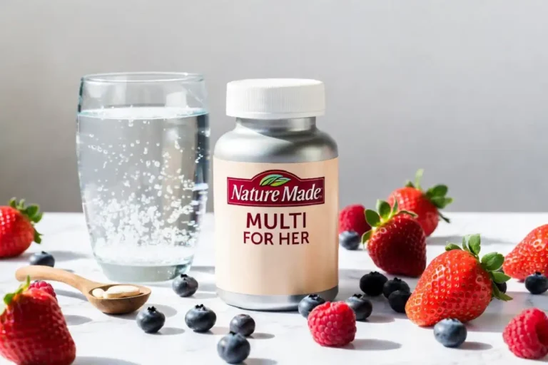 Nature Made Multi for Her vitamin bottle on a wooden table with healthy breakfast
