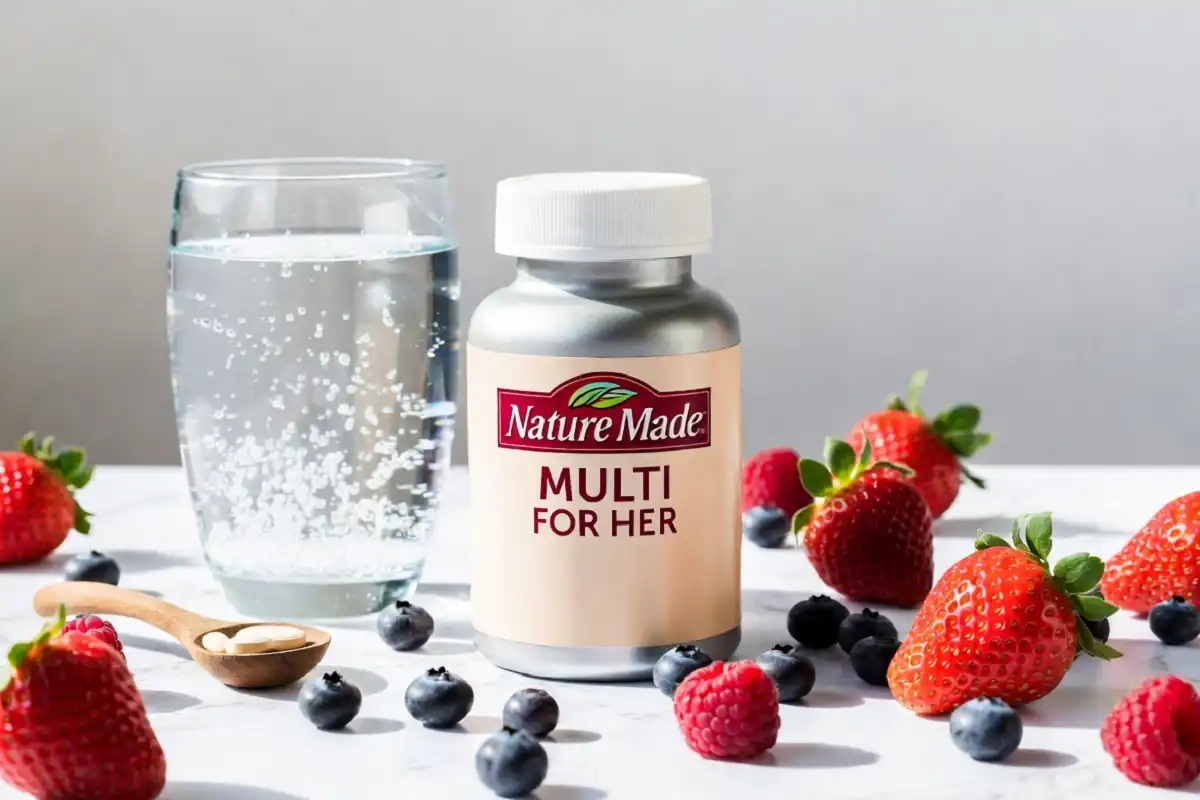 Nature Made Multi for Her vitamin bottle on a wooden table with healthy breakfast
