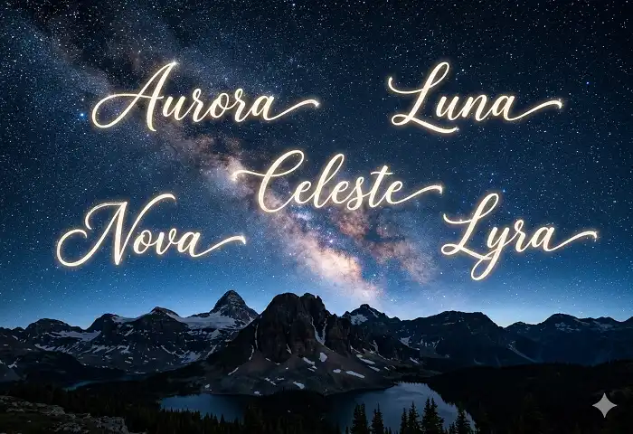 nature names for girls celestial theme featuring aurora, luna, and stella over a starry night sky