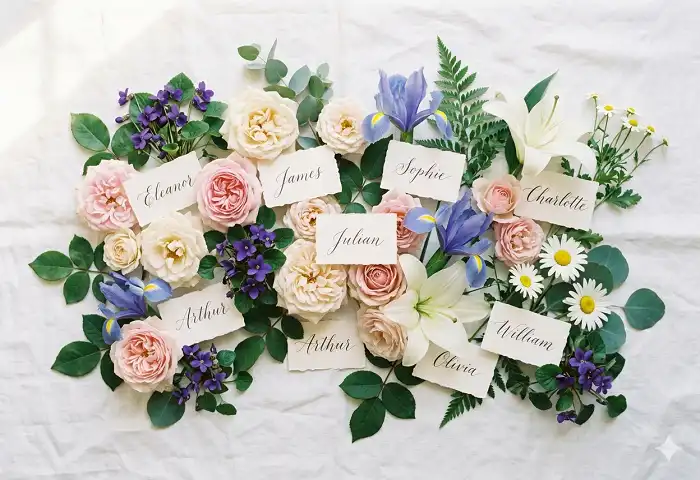 nature names for girls floral collection featuring rose, violet, iris, and lily in bloom