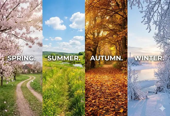 nature names for girls across four seasons showing spring flowers, summer sun, autumn leaves, winter frost