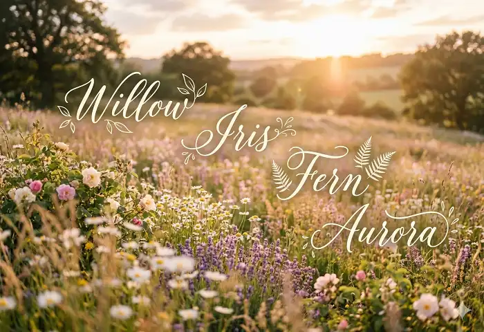 nature names for girls displayed over a lush meadow with wildflowers and sunlight
