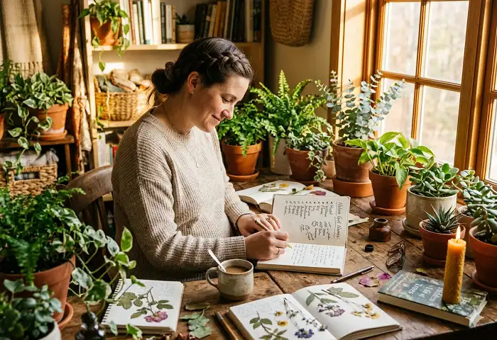 parents choosing nature names for girls from a handwritten list surrounded by flowers and nature elements