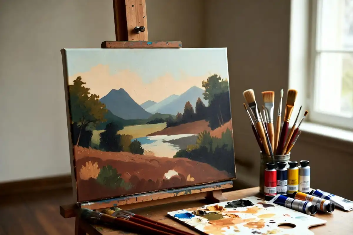 Beginner artist creating nature paintings on canvas with brushes and paints
