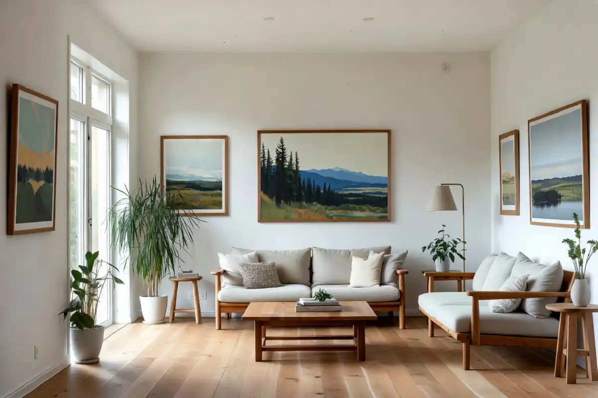 Nature paintings displayed as wall art in a bright modern living room