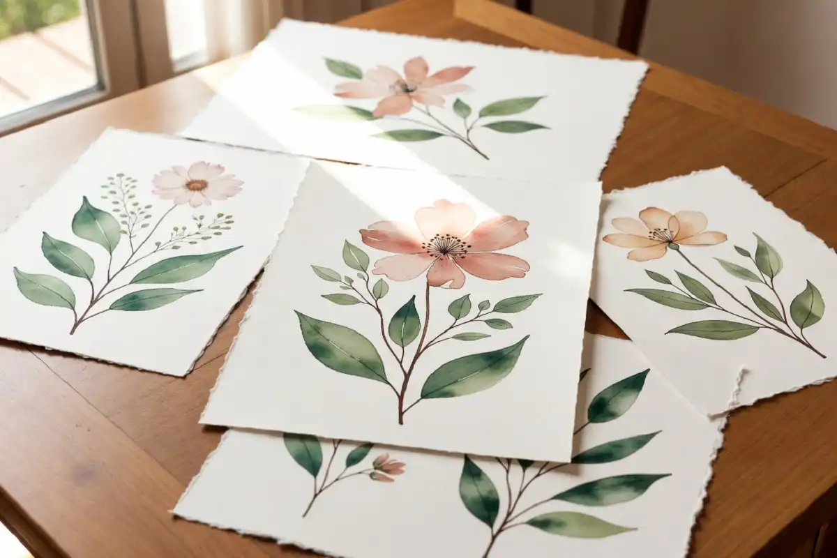 Watercolor nature paintings showing soft floral and forest scenes on paper