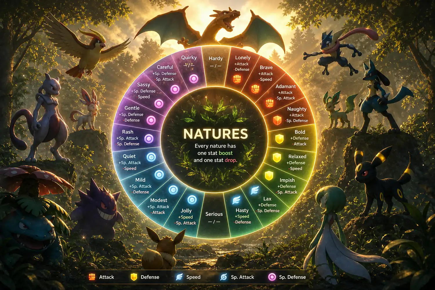 Nature Pokémon complete guide banner with colorful Pokémon and stat chart