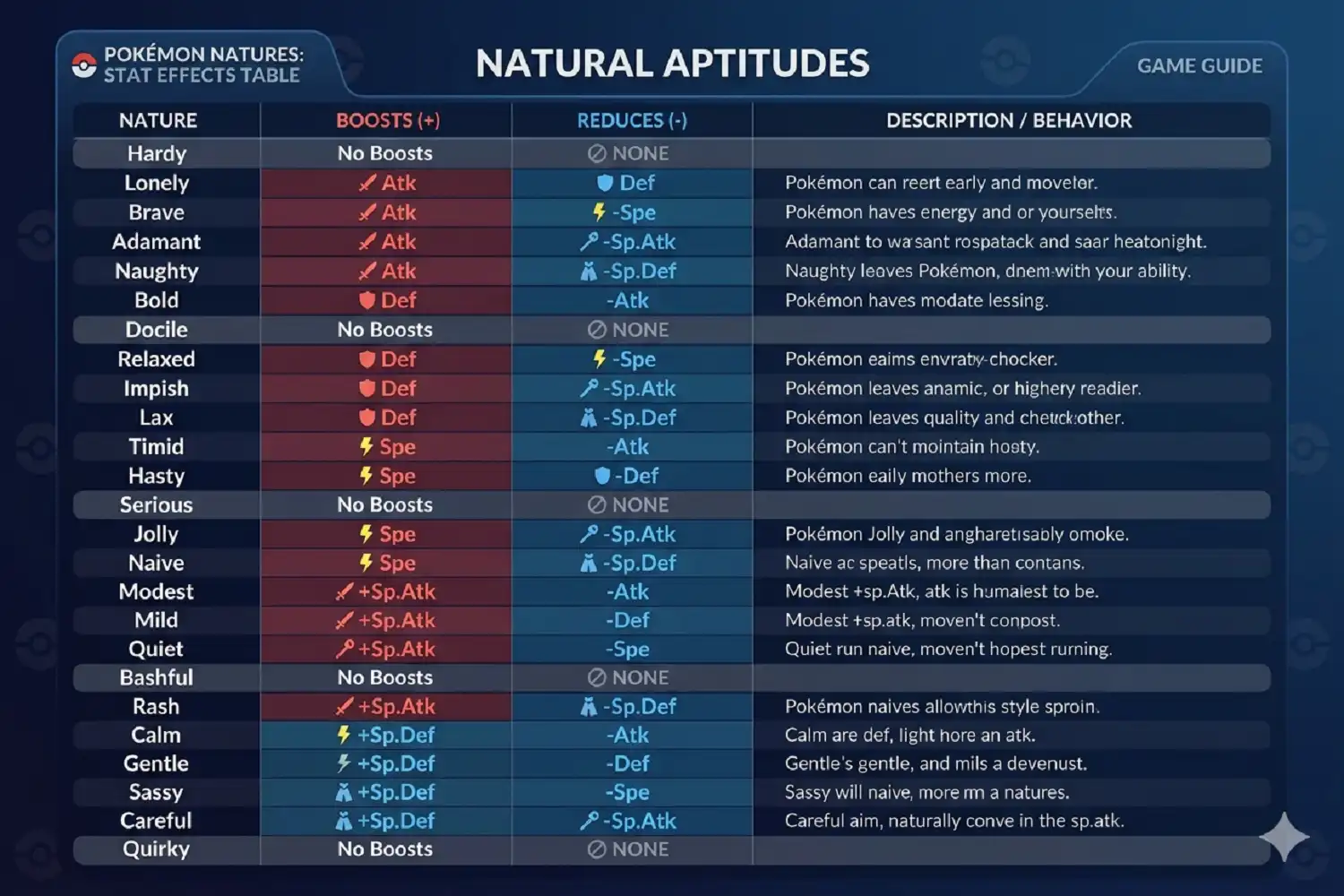 Pokémon nature stat boost and reduction chart infographic