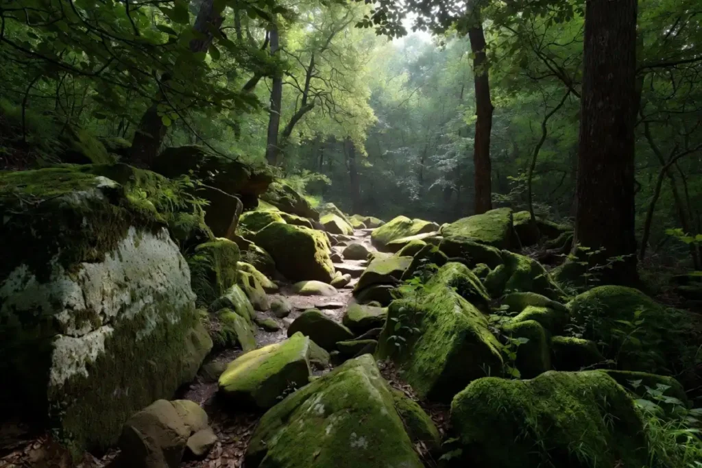 Moss-covered stone boulders along a forested hiking trail in soft morning light