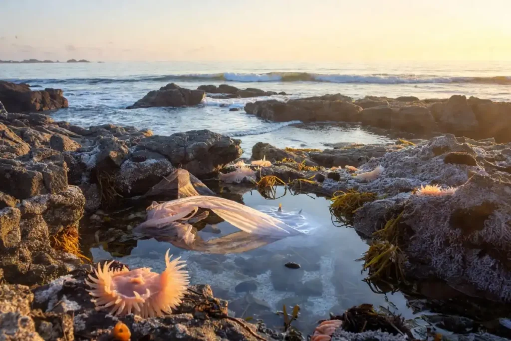 A coastal tide pool formed in natural rock filled with marine life and illuminated by golden sunlight
