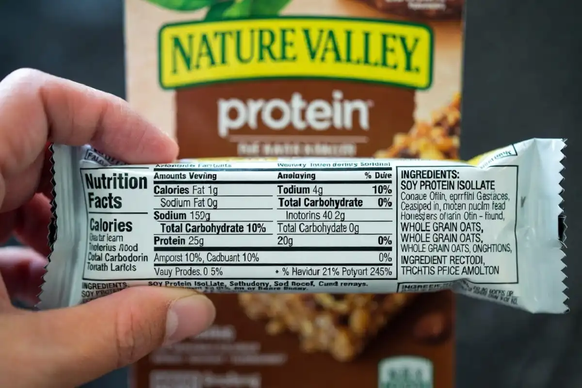 Close-up of Nature Valley protein bar nutrition label showing protein content and ingredients