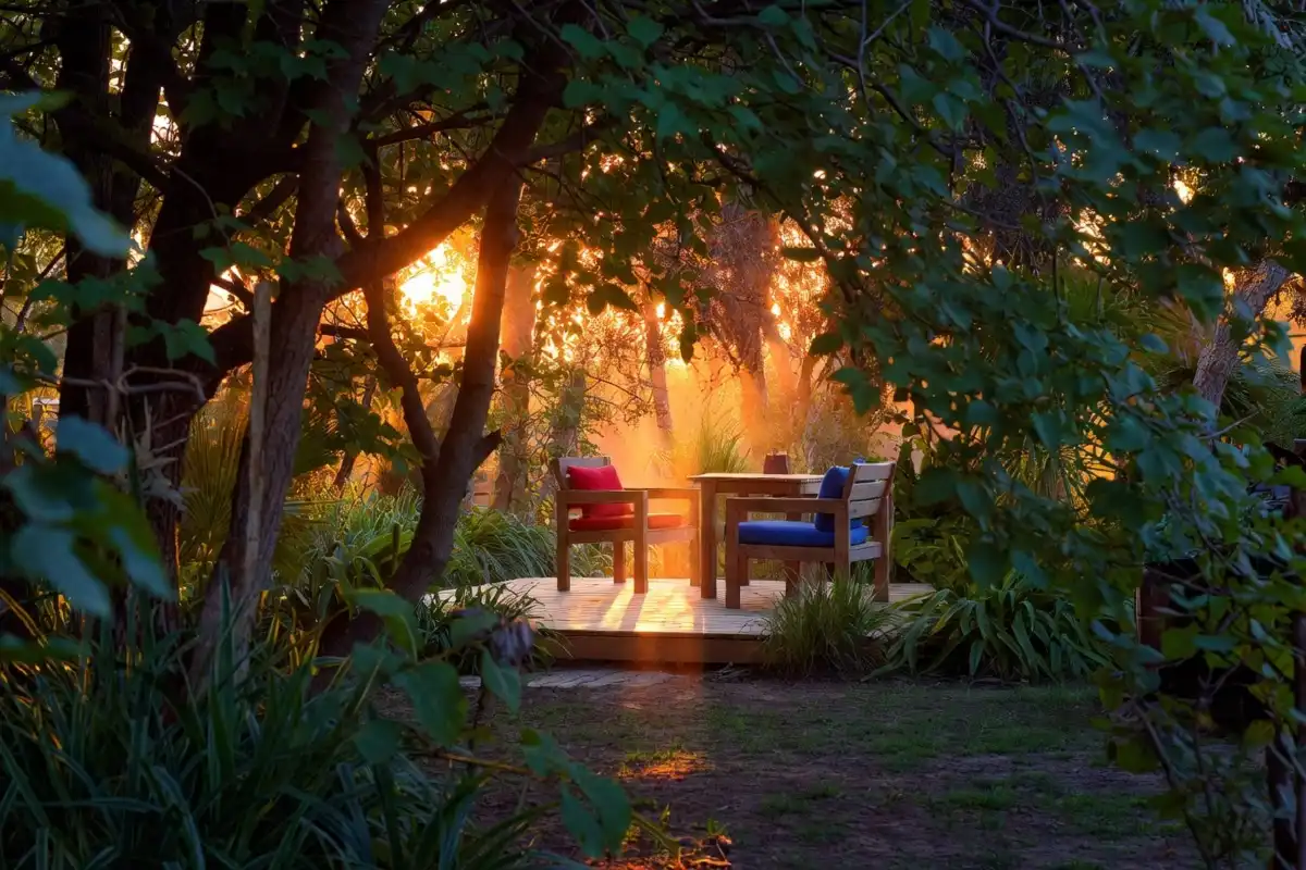 nice nature build outdoor seating area surrounded by trees and plants