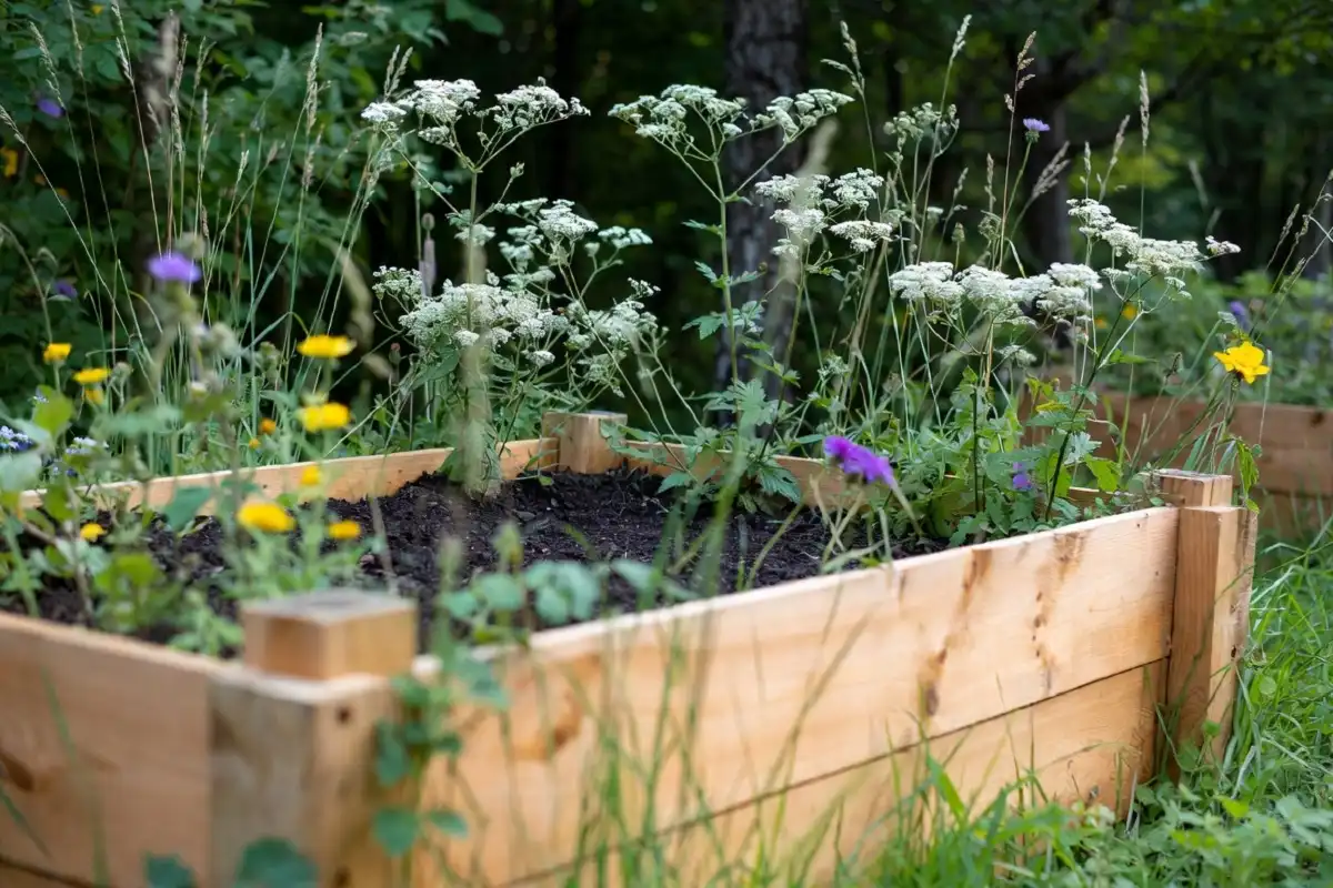 nice nature build raised garden beds with wildflowers and greenery