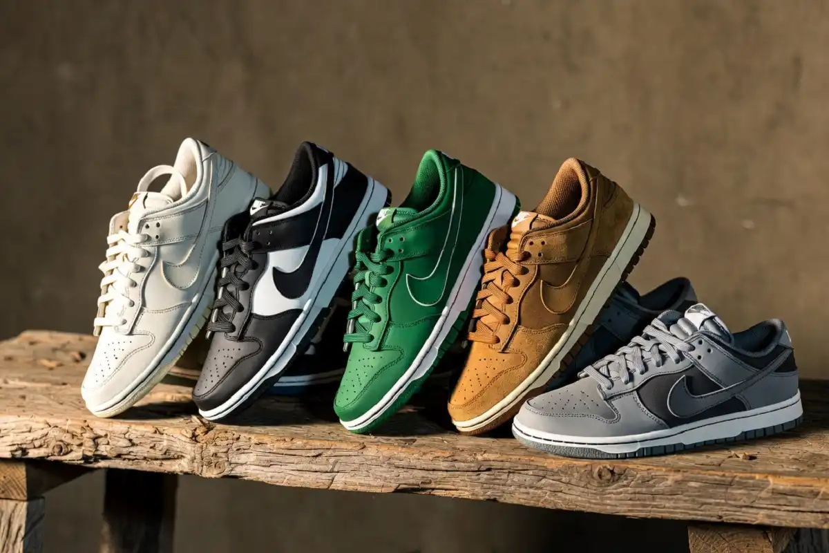 Multiple Nike Dunk Low Next Nature colorways lined up on wooden surface
