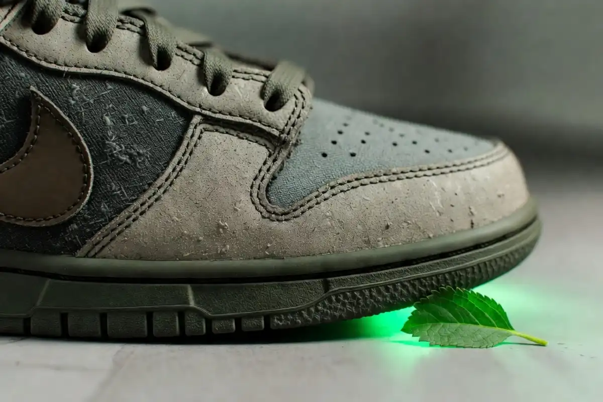 Closeup of Nike Dunk Low Next Nature recycled synthetic leather upper texture