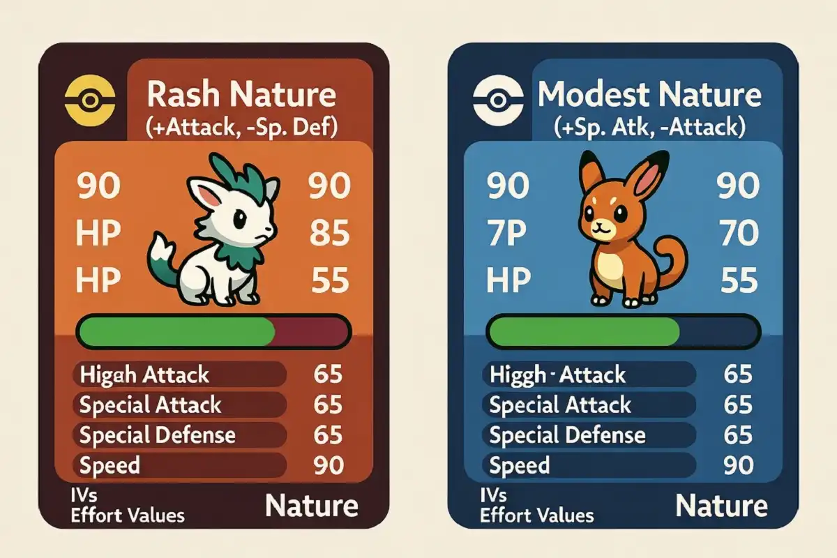 Side by side comparison of rash nature pokemon versus modest nature pokemon stats