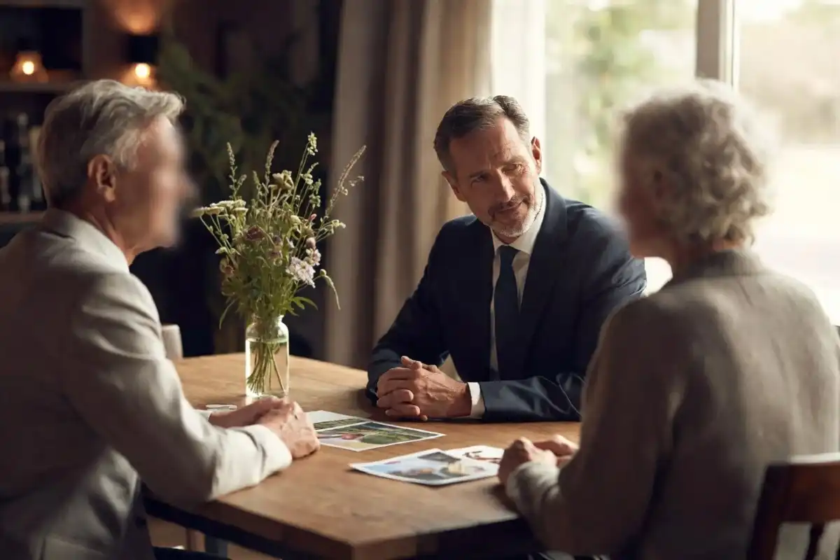 Family meeting with a natural funeral home director in a warm, plant-filled office
