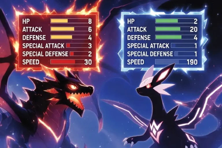Pokemon battle scene with glowing stat effects representing sassy nature Pokemon in action