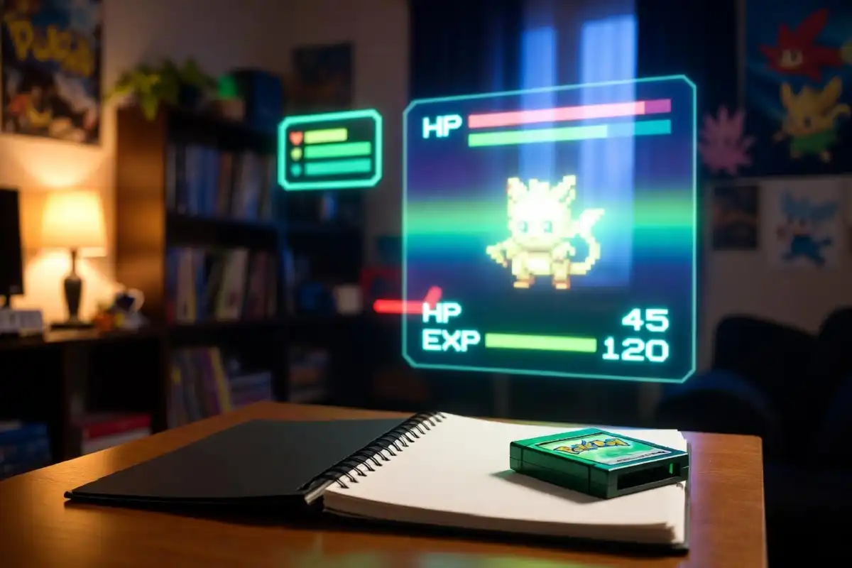 Pokemon trainer planning a strategy with sassy nature Pokemon stat display in the background