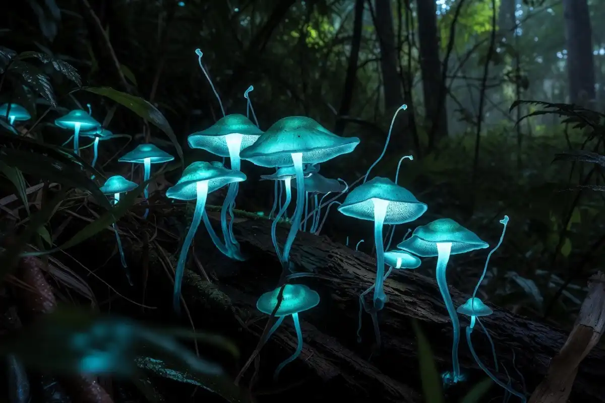 Glowing bioluminescent fungi on a log at night, an example of secret nature