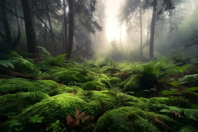 Misty forest floor covered in moss and ferns showing secret nature up close