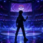 Serious Nature Pokémon-style trainer prepared for battle in glowing arena