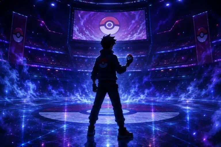 Serious Nature Pokémon-style trainer prepared for battle in glowing arena