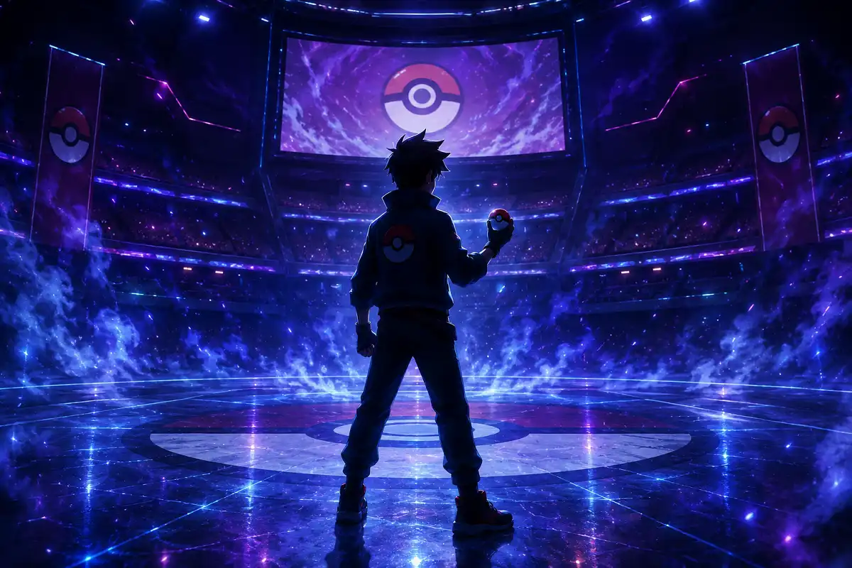 Serious Nature Pokémon-style trainer prepared for battle in glowing arena