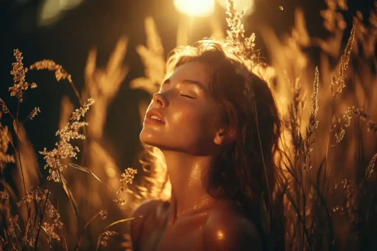 Woman with naturally glowing radiant skin in sunlight, shiny by nature