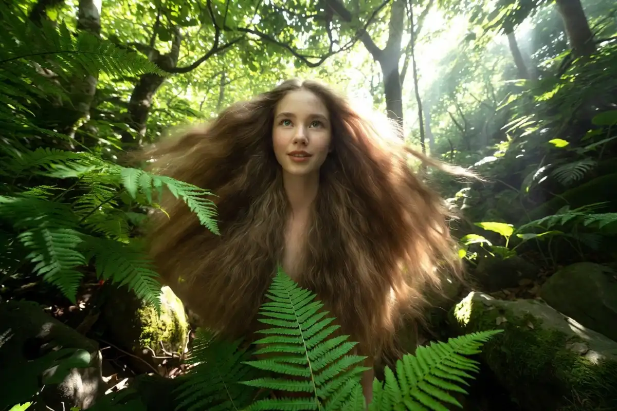 Woman with shiny natural hair and glowing skin walking in lush forest