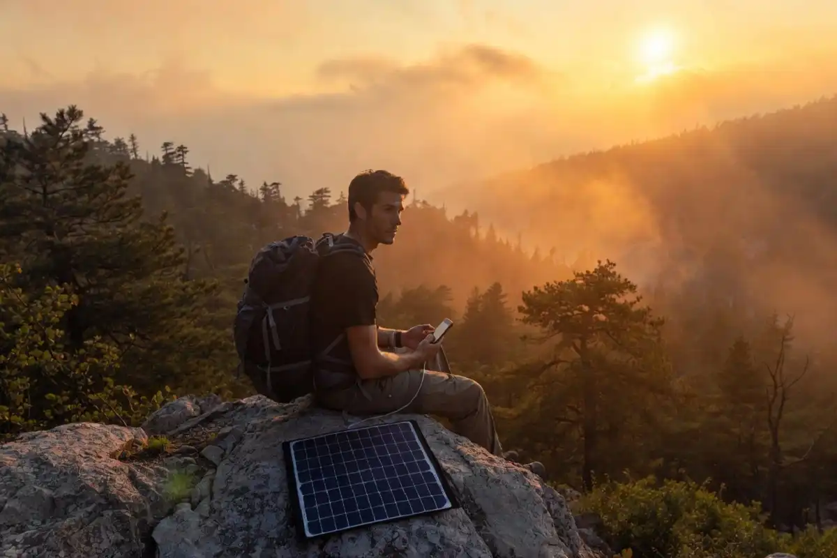 Solar charger powering a smartphone while hiking in nature