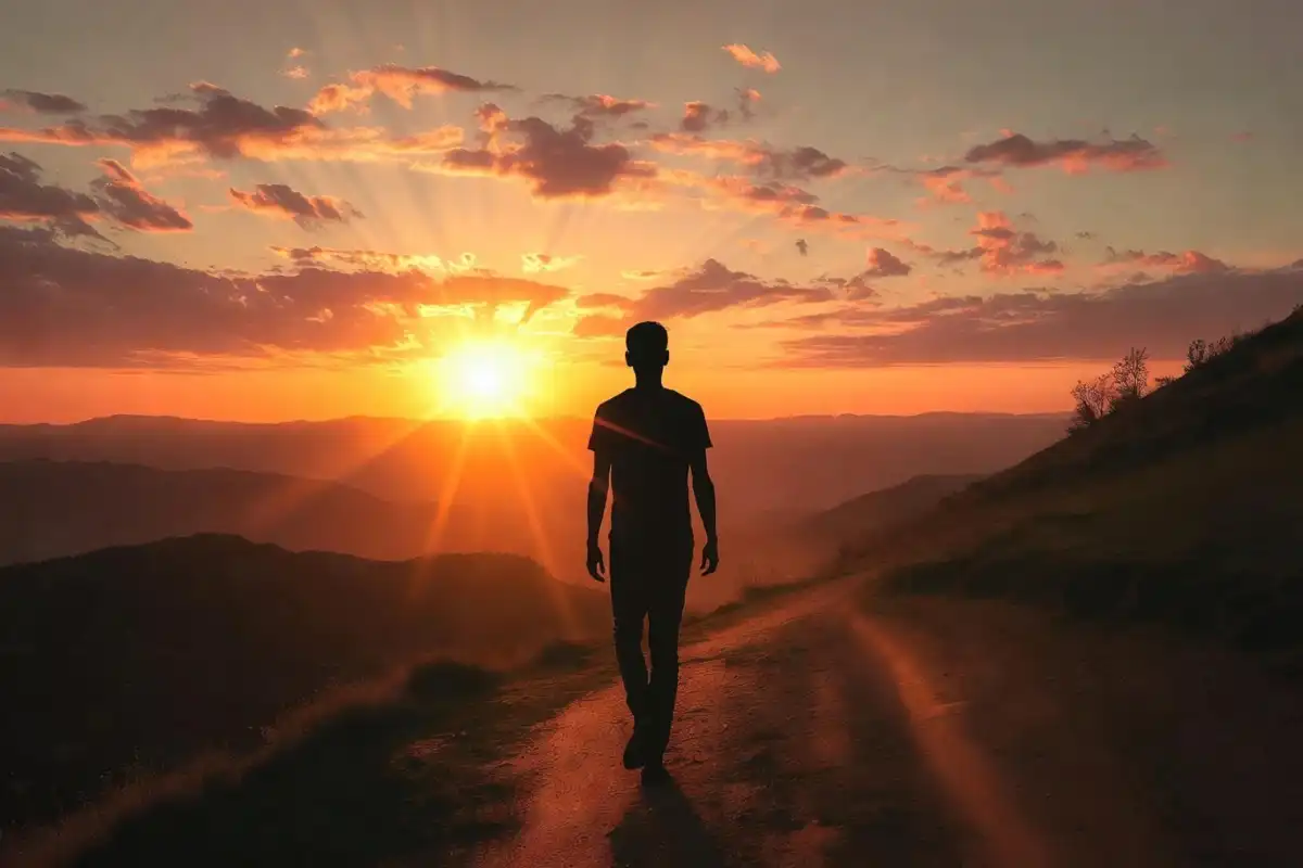 Silhouette of a person walking outdoors at sunset to reset after work
