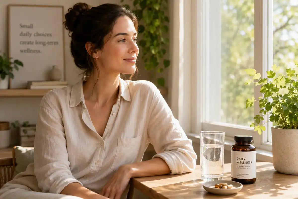 Woman taking ashwagandha supplement by a window as part of a daily wellness routine