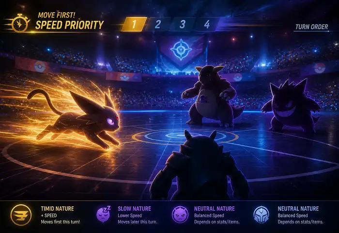 Competitive VGC Pokémon doubles battle scene with fast Pokémon moving first — timid nature strategy