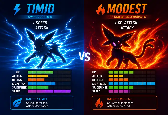 Timid nature vs Modest nature Pokémon stat comparison infographic