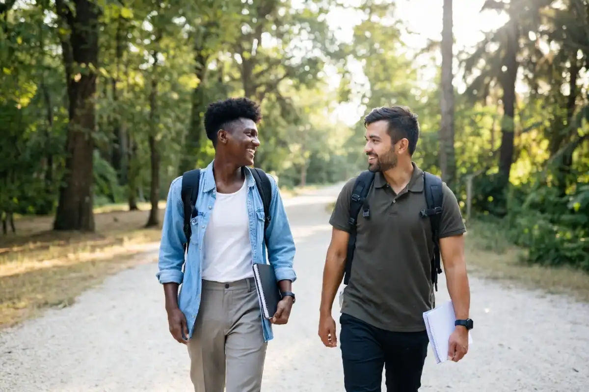 Two professionals having a walking meeting on a forest trail