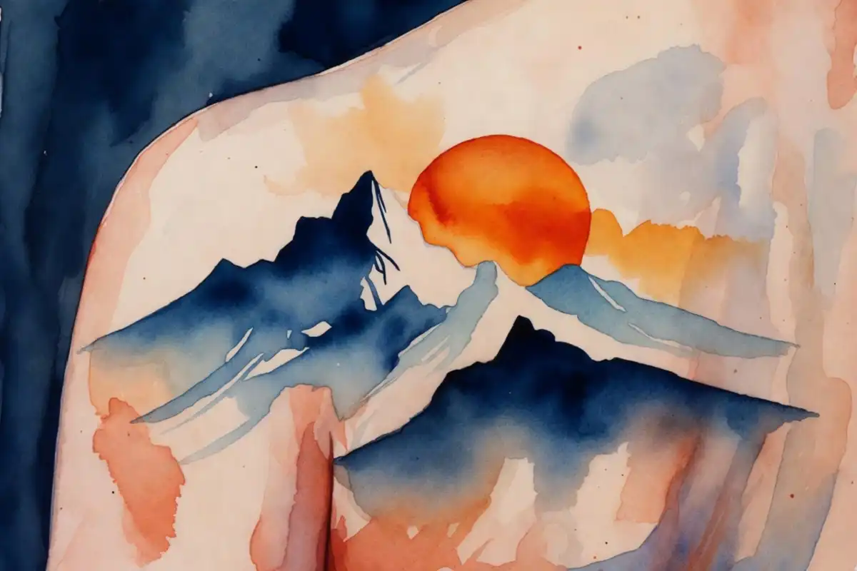 Watercolor style mountain range nature tattoo on a shoulder blade