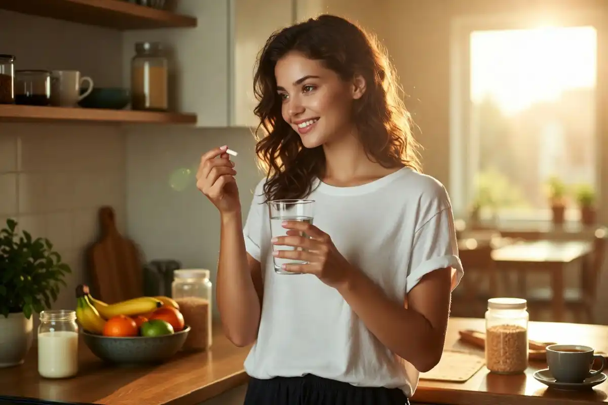 Woman taking her daily multivitamin with water during morning routine