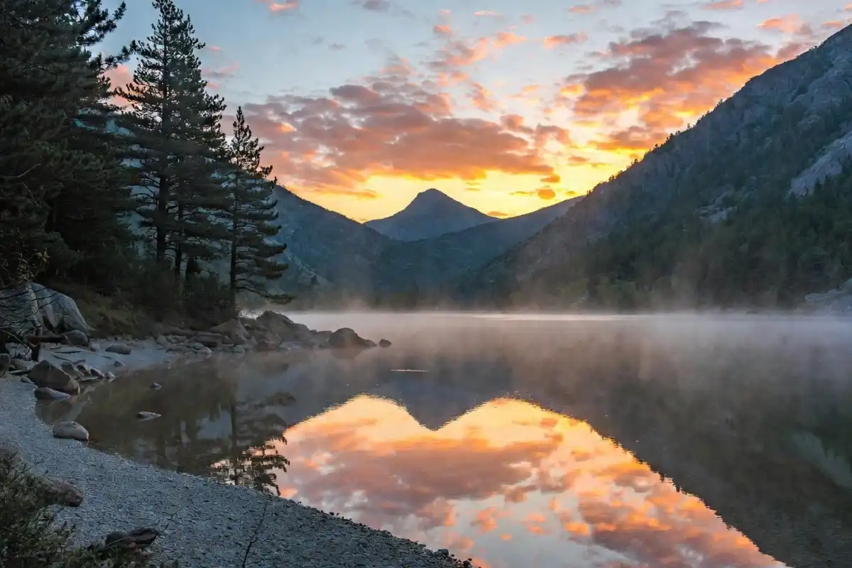Beautiful nature photography ideas featuring a golden hour mountain lake reflection